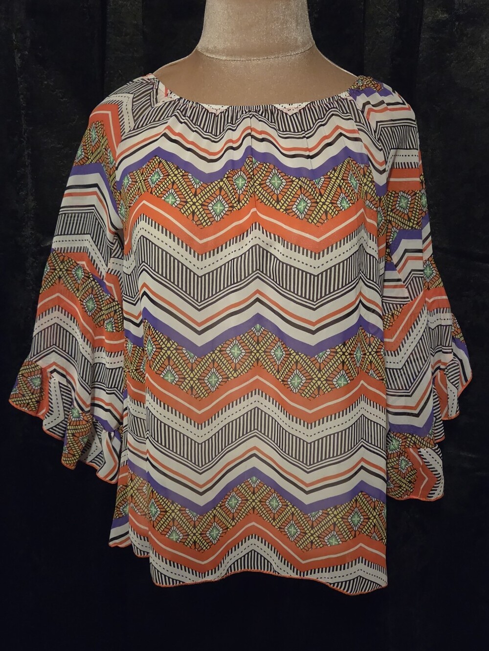 R. Rouge XL Chevron & Geometric Print Tunic - Orange, White, Purple